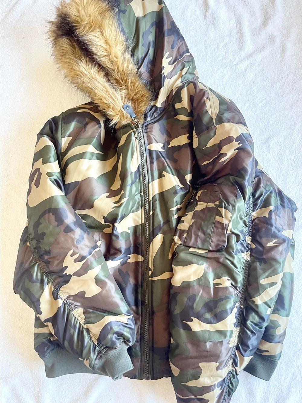 Jordan Craig Camo Hooded Puffer Bomber Jacket Orange Lining Faux Fur Mens 2XL